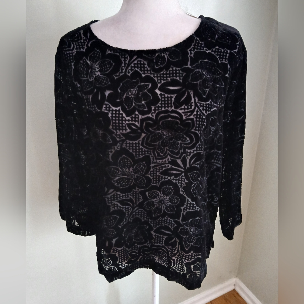 2/$15 Hot Cotton Sheer Velvet Burnout Floral 3/4 Sleeve Pullover Top NWT